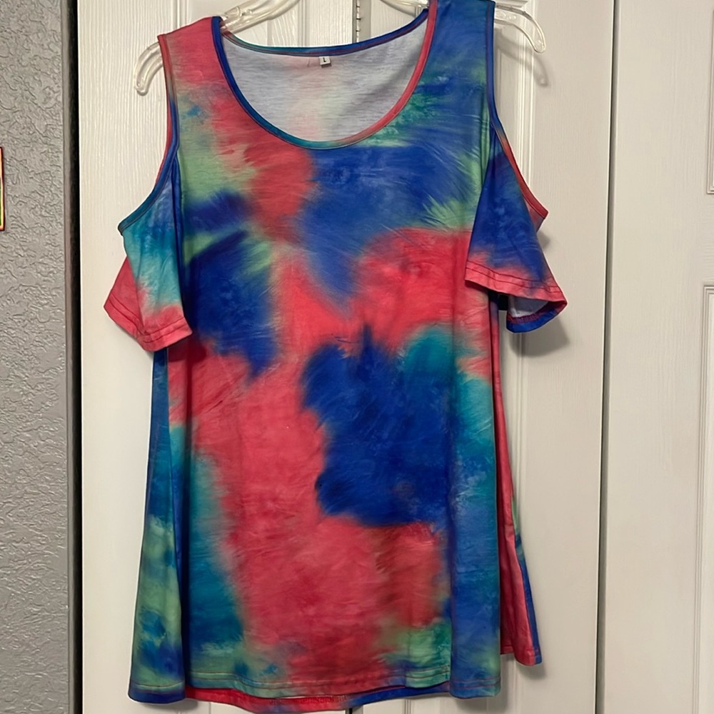 EUC Women’s Cold Shoulder tie dye Casual Short Sleeve Loose Top